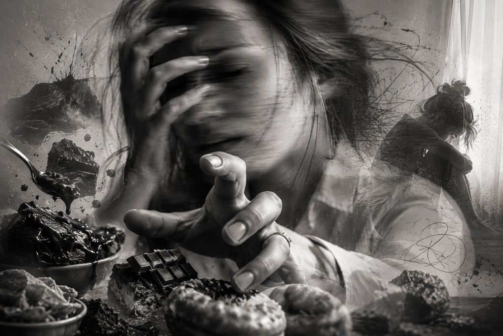 Mulher em sofrimento emocional e compulsão alimentar, com desfoque e longa exposição em preto e branco