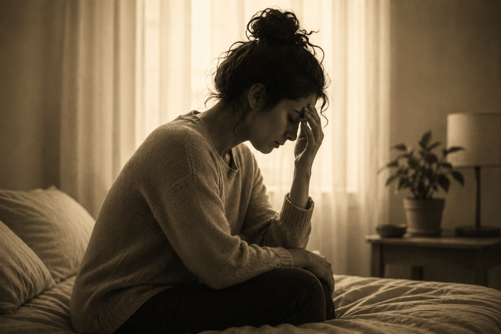 Mulher triste e esgotada representando sintomas emocionais associados à compulsão alimentar e ao sofrimento psicológico.