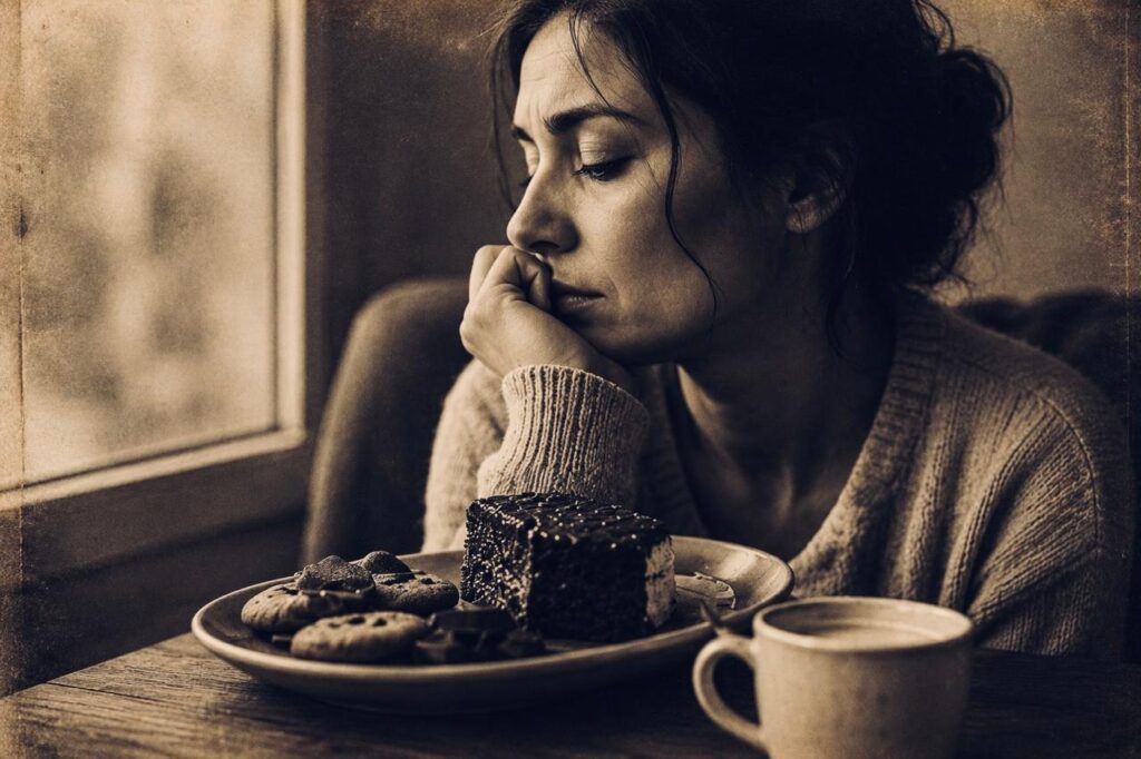 Mulher refletindo sobre compulsão alimentar emocional em imagem vintage sépia relacionada à ansiedade e comportamento alimentar.